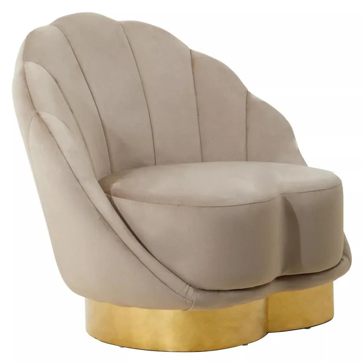 Beige velvet accent chair with scalloped backrest and gold metal base