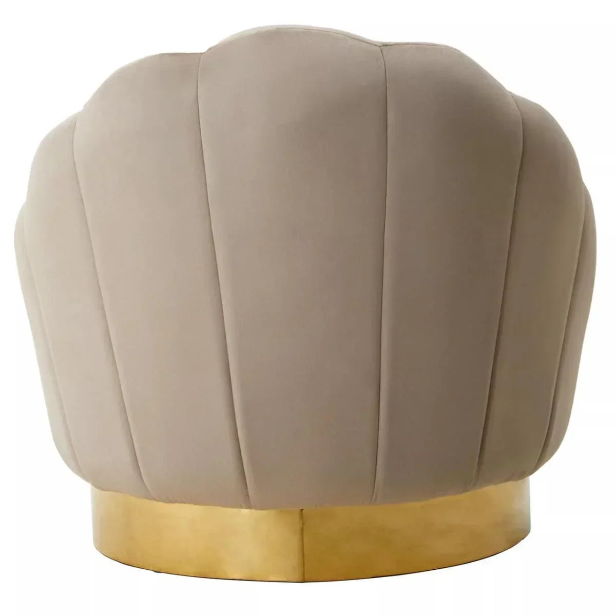 Beige velvet accent chair with scalloped back and gold metal base, rear view