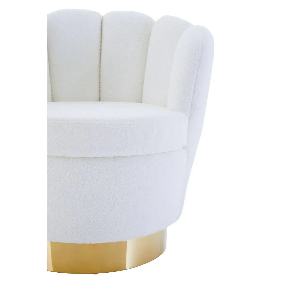 White boucle accent chair with scalloped backrest and gold base, close-up front view