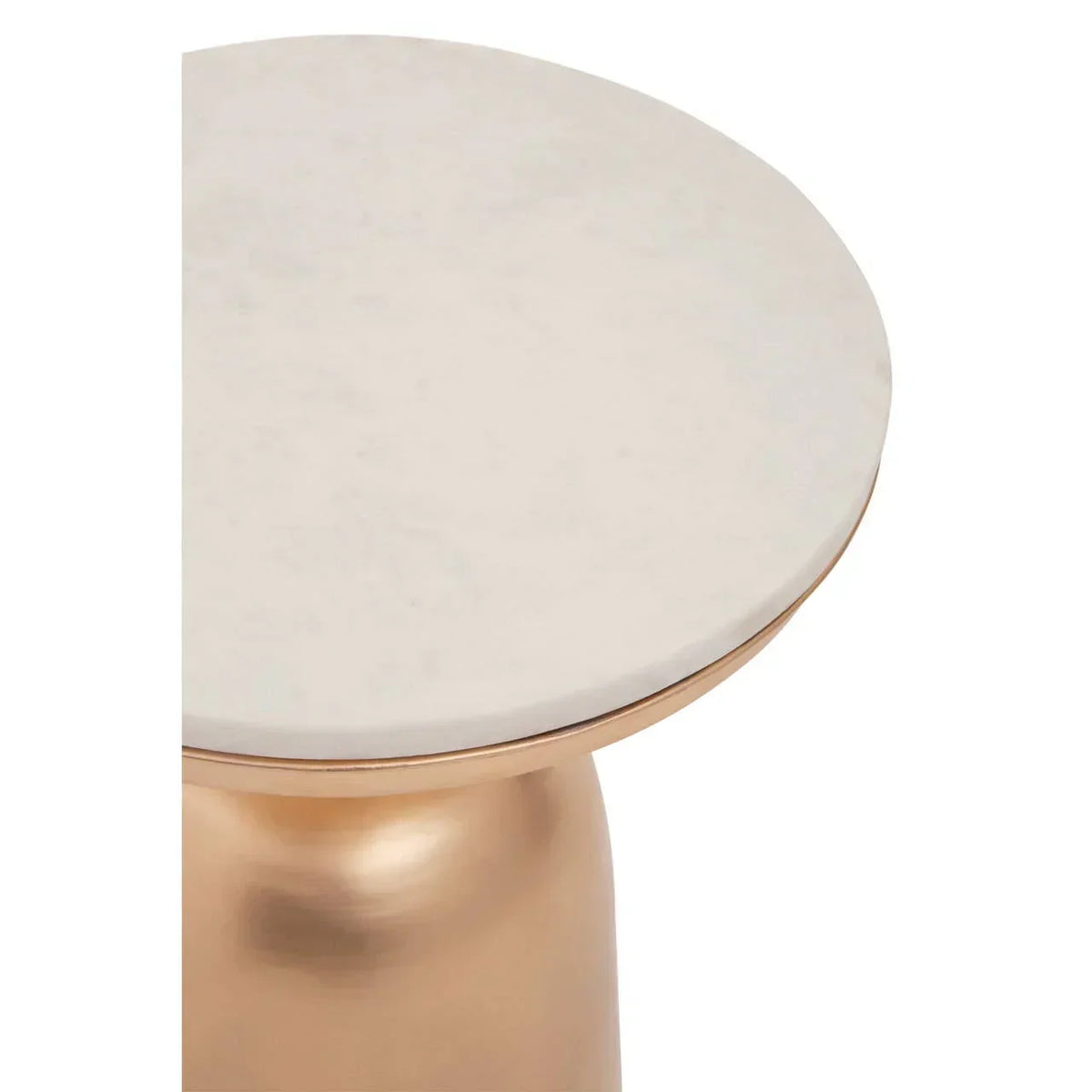 Round marble top side table with gold metal base, close-up of tabletop and edge