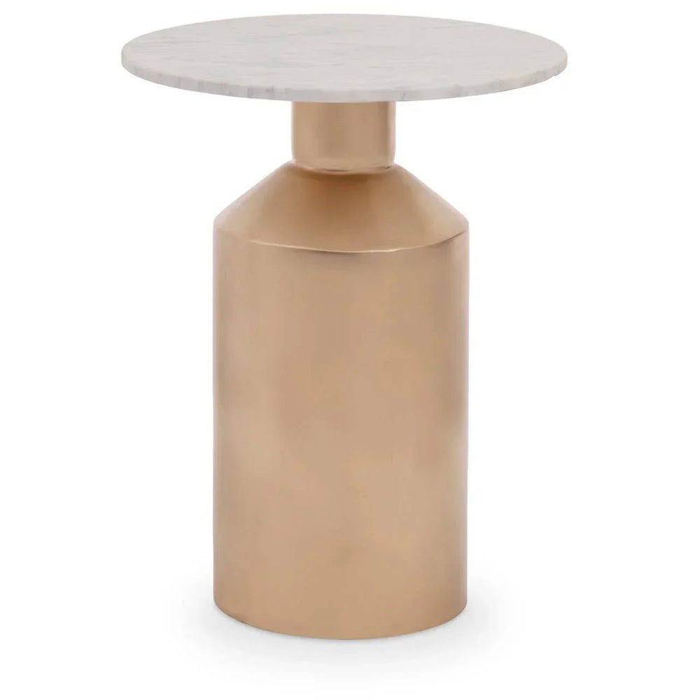 Round marble top side table with brushed gold metal base on white background