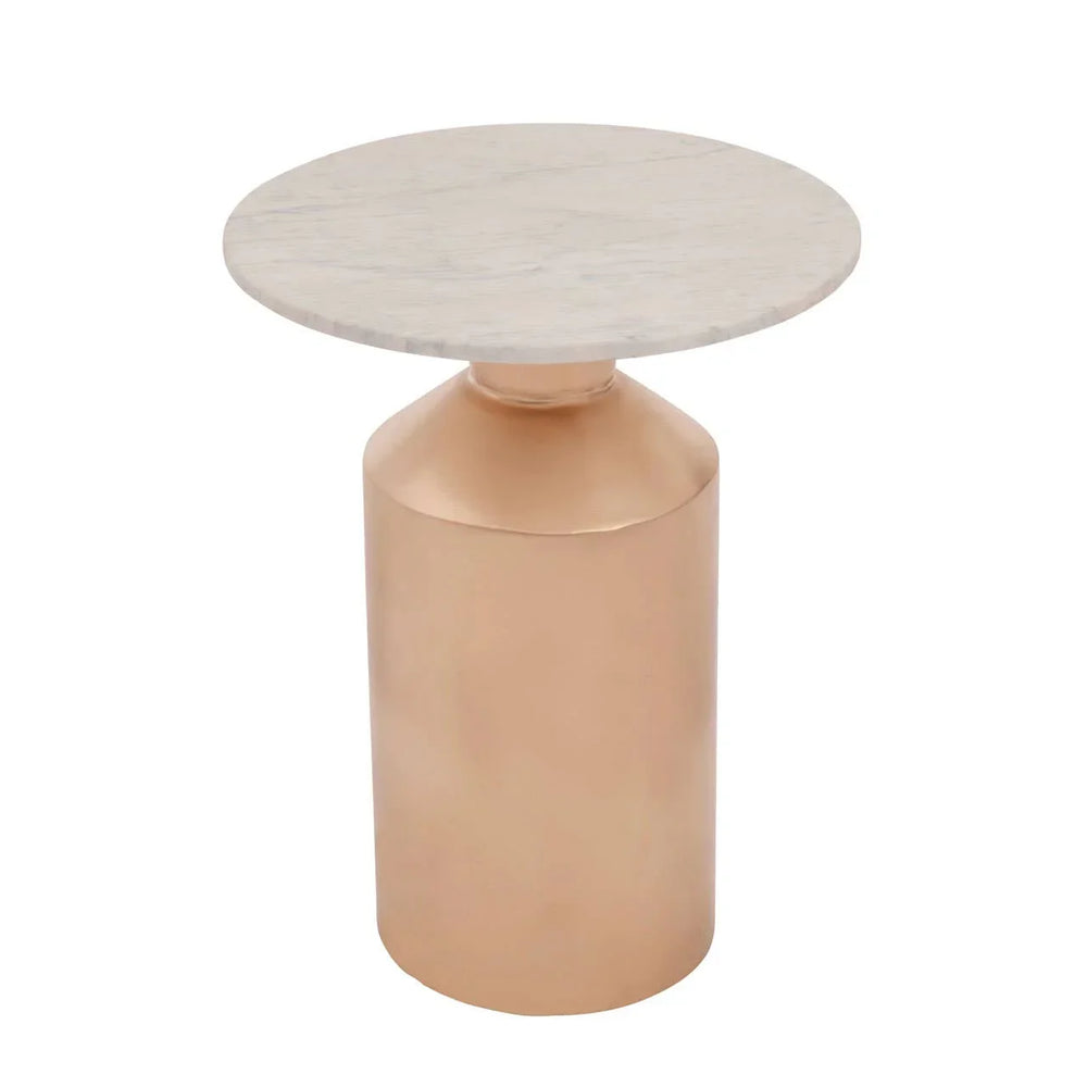 Round side table with white marble top and metallic gold cylindrical base