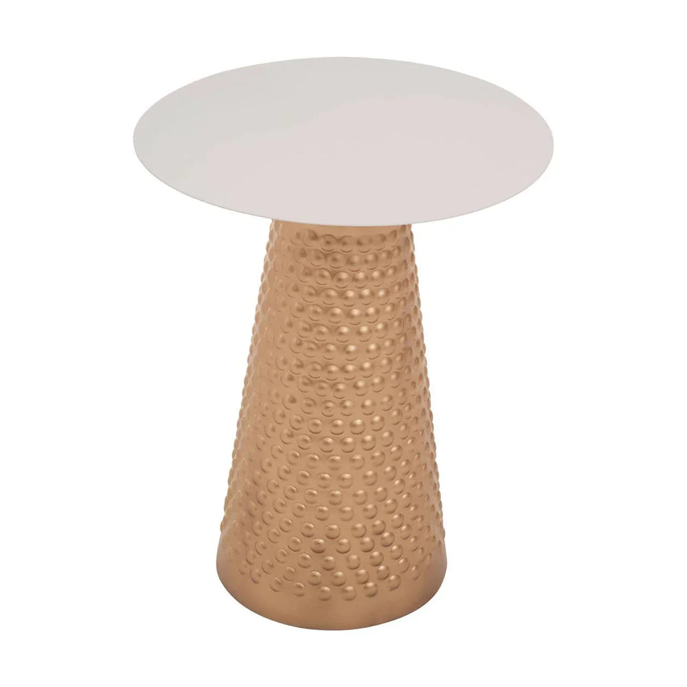 Round side table with white top and gold hammered metal cone base