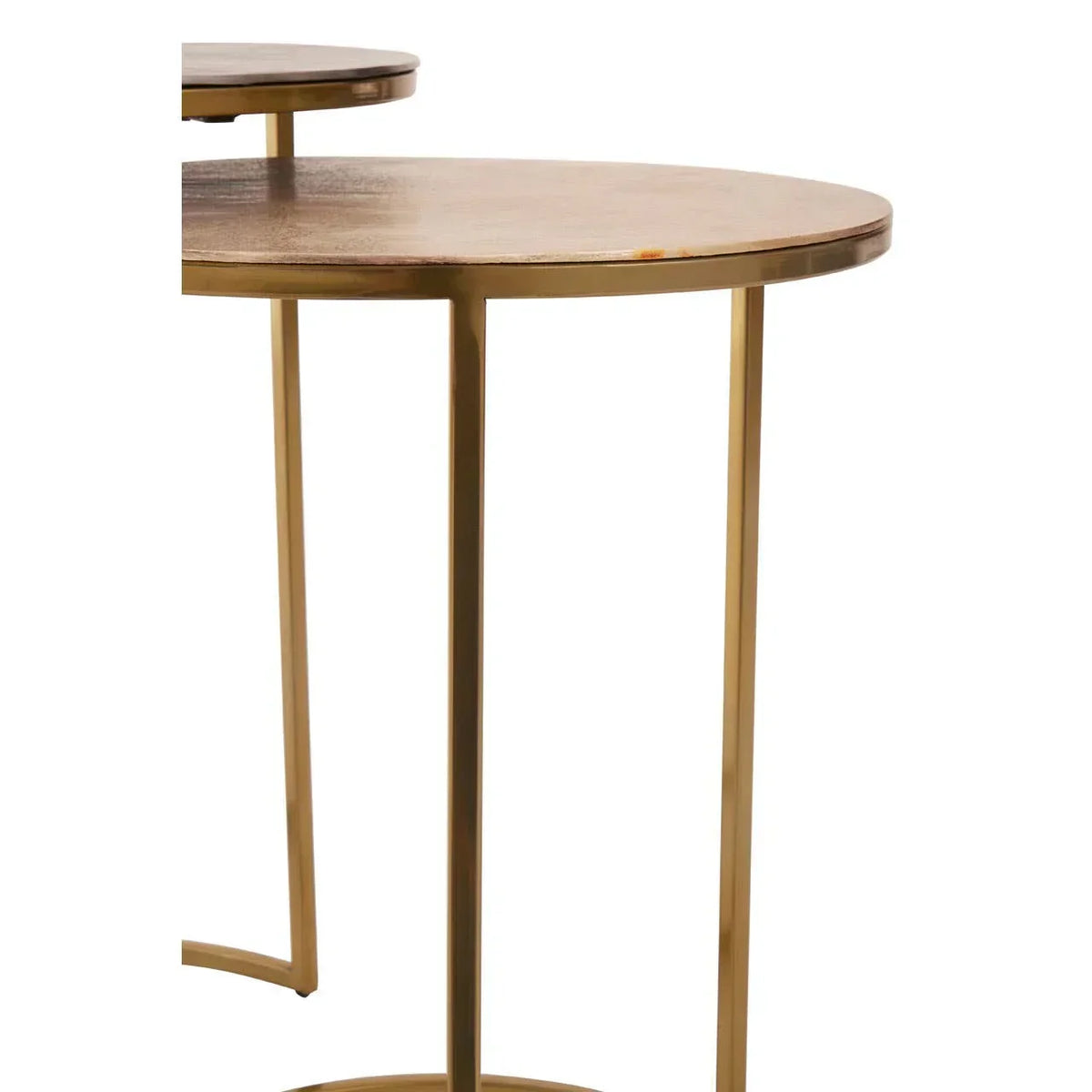 Round wooden side table with gold metal frame and two-tier design