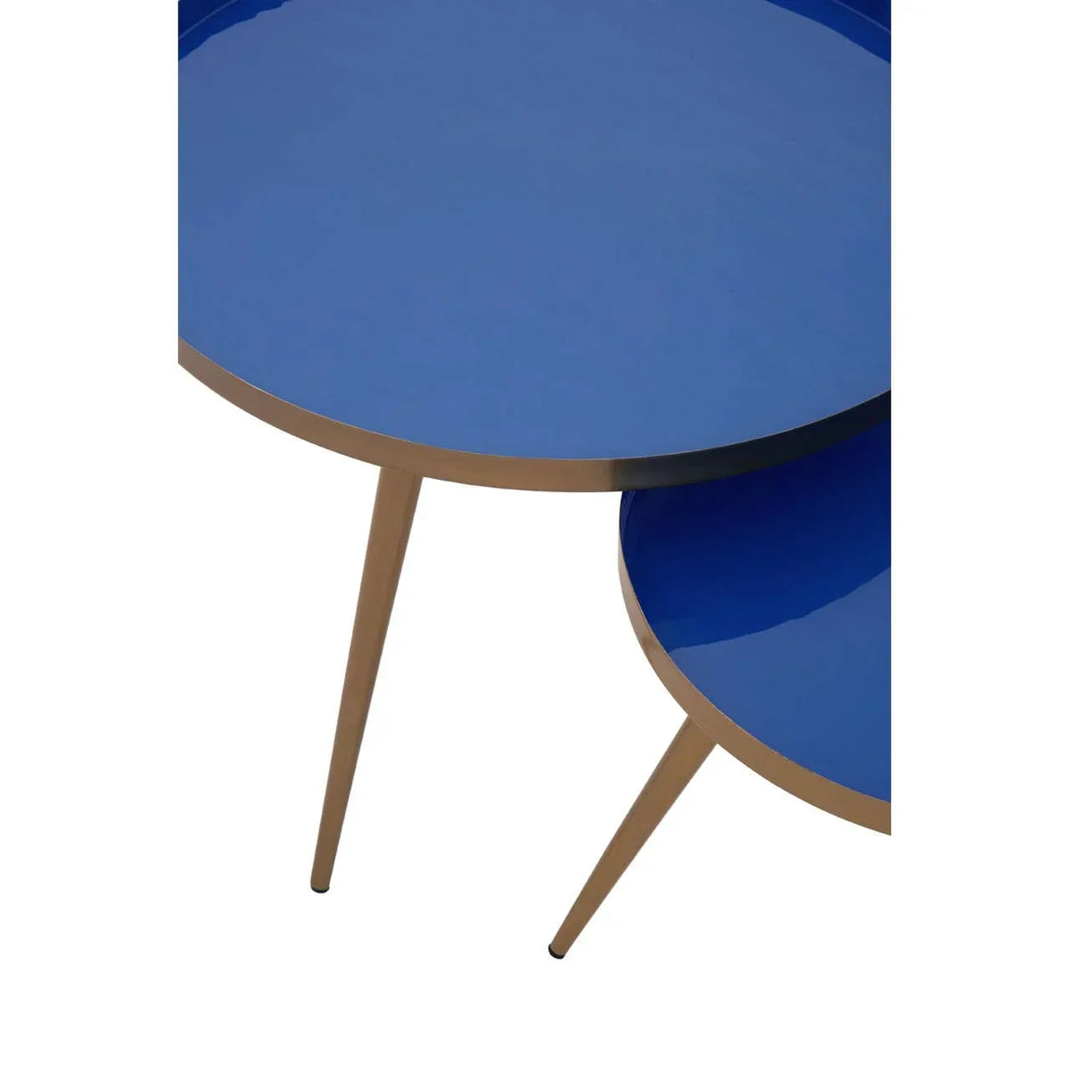 Blue round nesting side tables with gold legs and glossy finish, close-up angled view