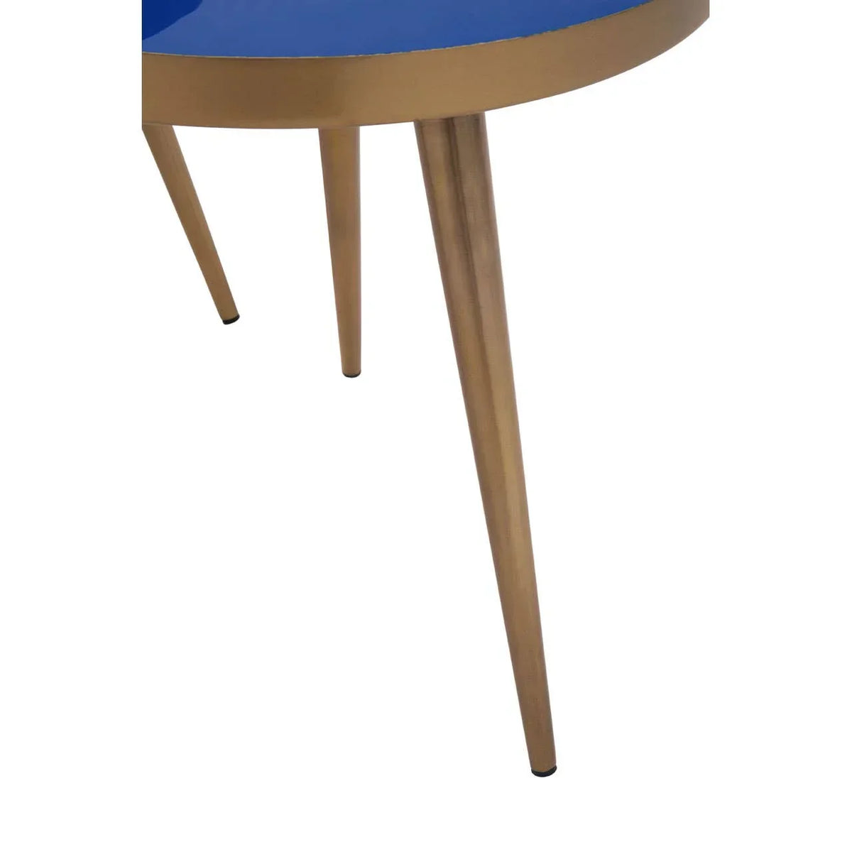 Round side table with gold metal legs and glossy blue tabletop, angled close-up view