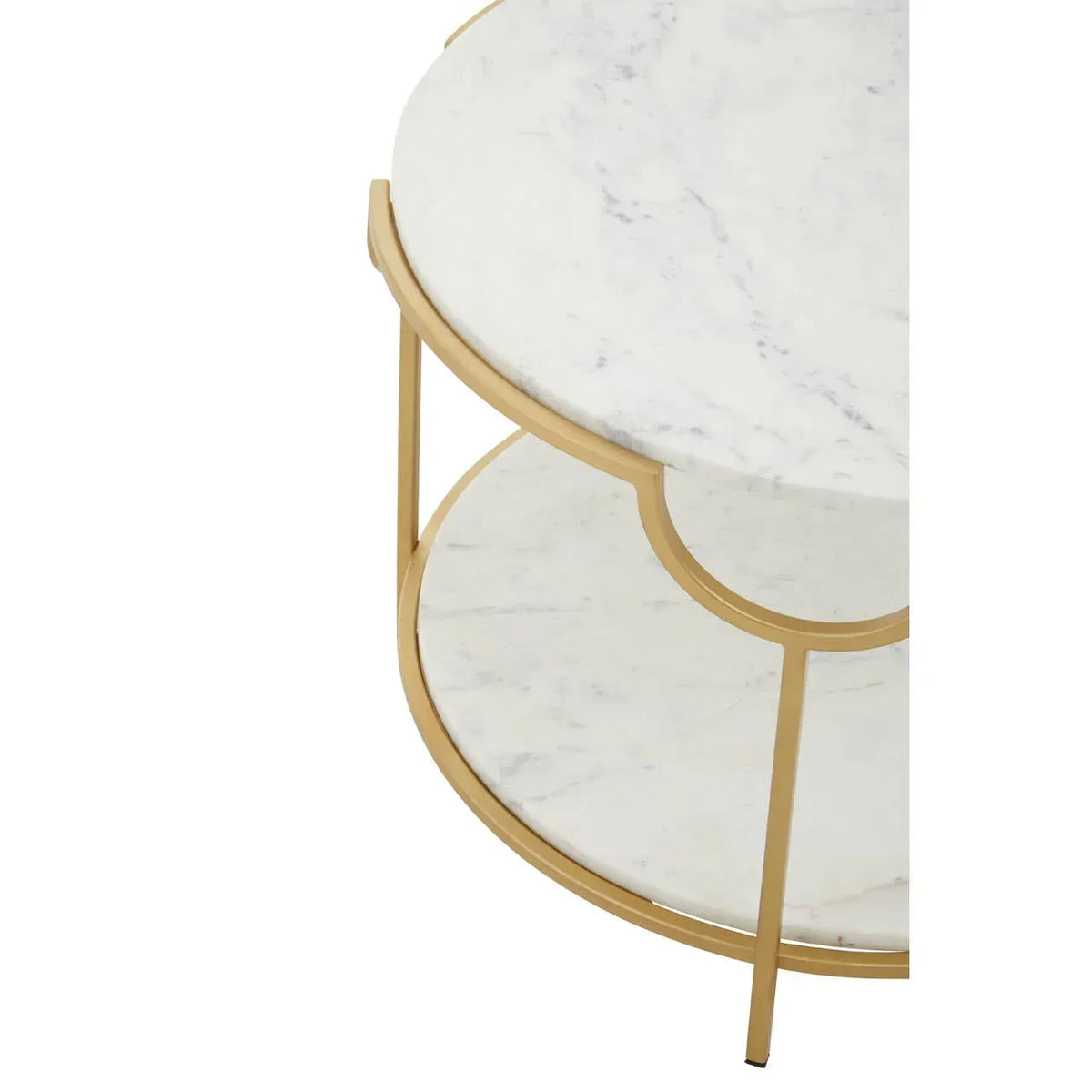 Round marble side table with gold metal frame and lower marble shelf, top angle view