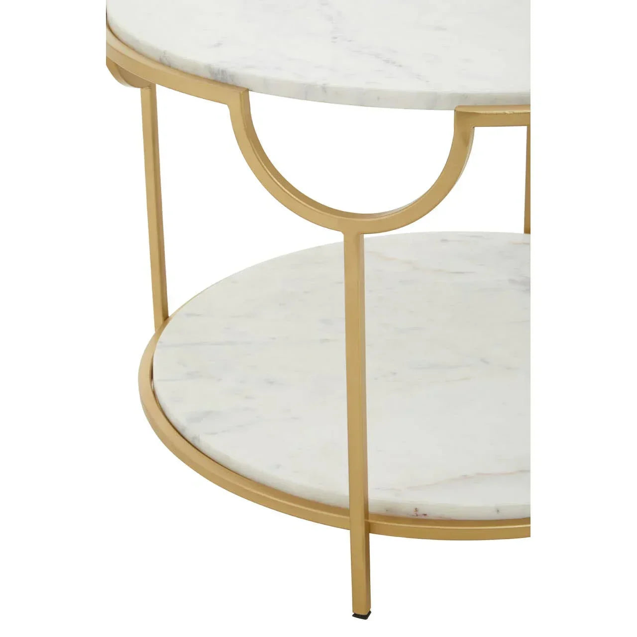 Round marble coffee table with gold metal frame and lower marble shelf, close-up view