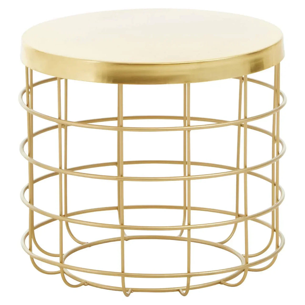 Round gold metal coffee table with wire frame base and solid top