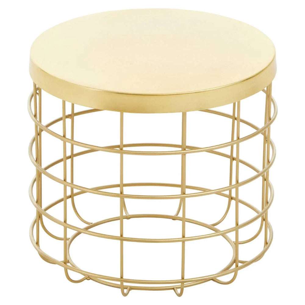 Gold metal side table with round solid top and open wire base, photographed on white background