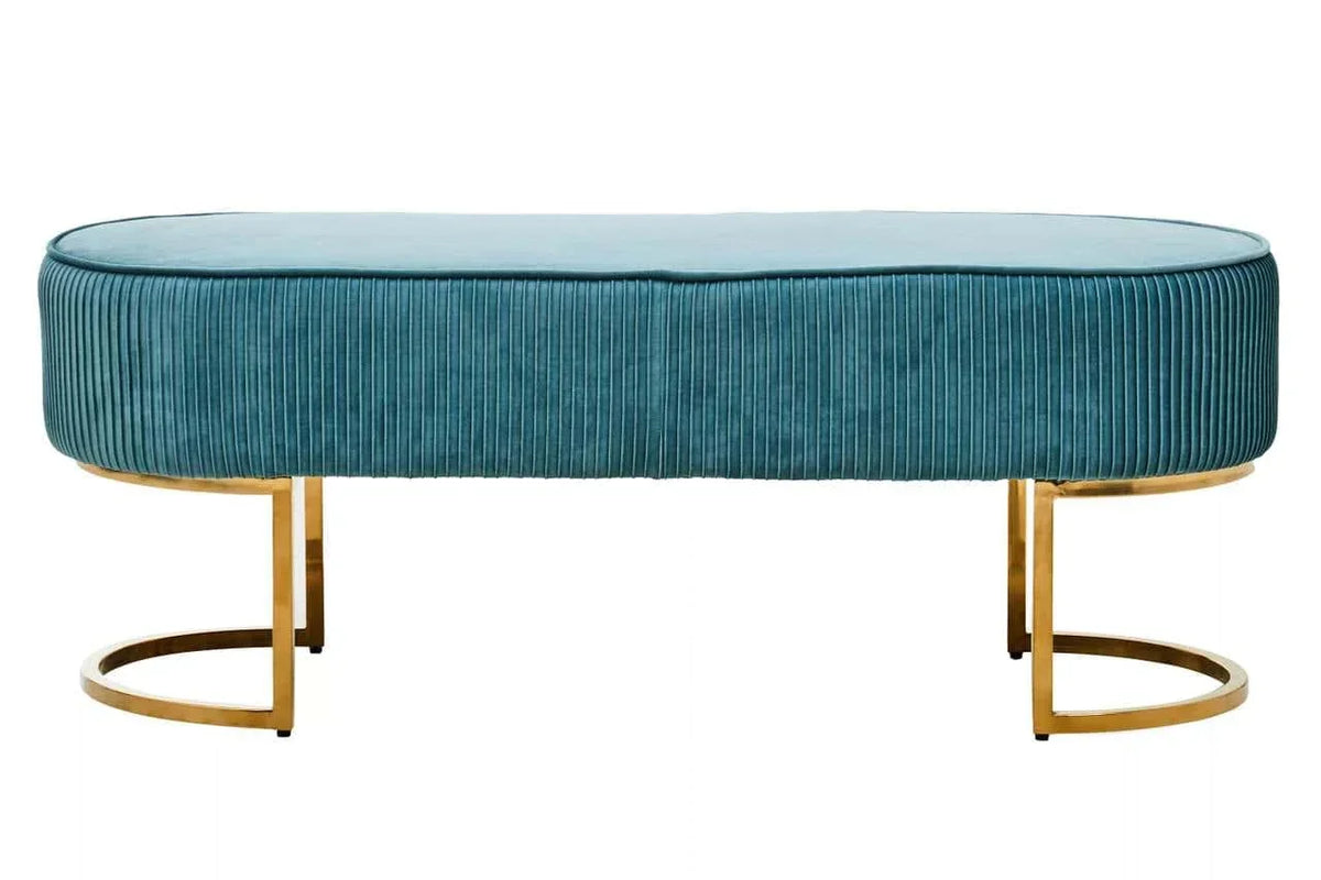 Teal velvet bench with gold metal legs and ribbed upholstery, front view