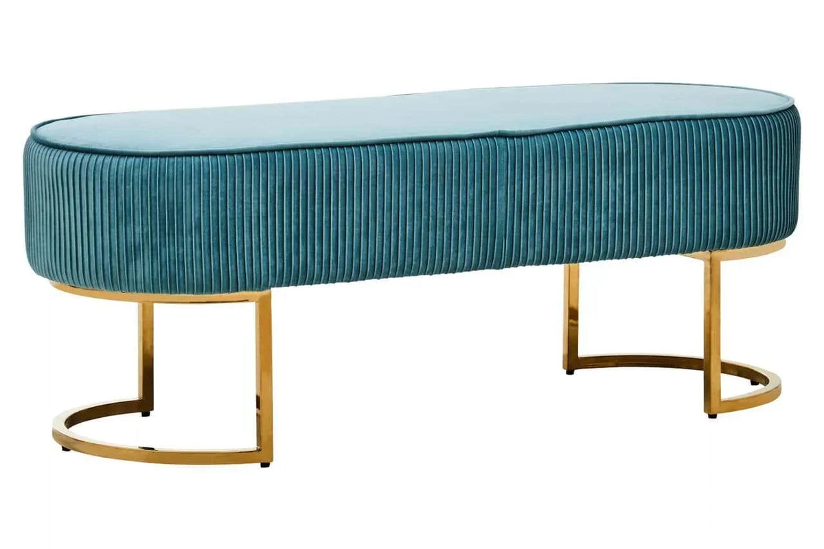 Teal velvet bench with pleated upholstery and gold metal legs, side angle view