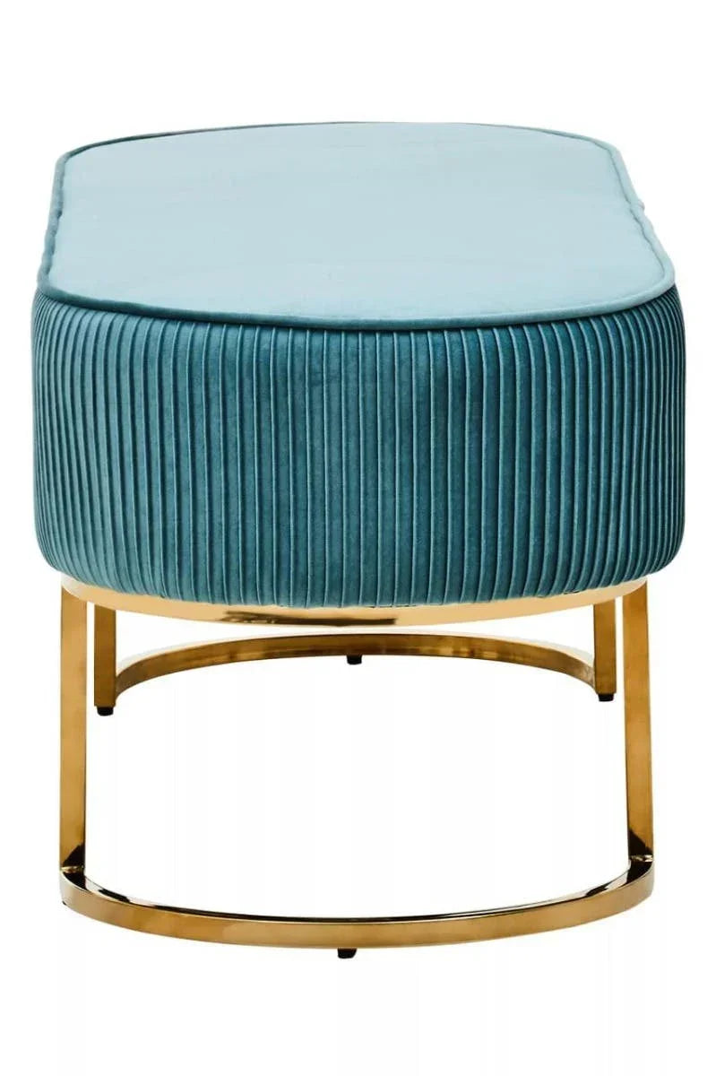 Teal velvet ottoman with ribbed sides and gold metal base, front view