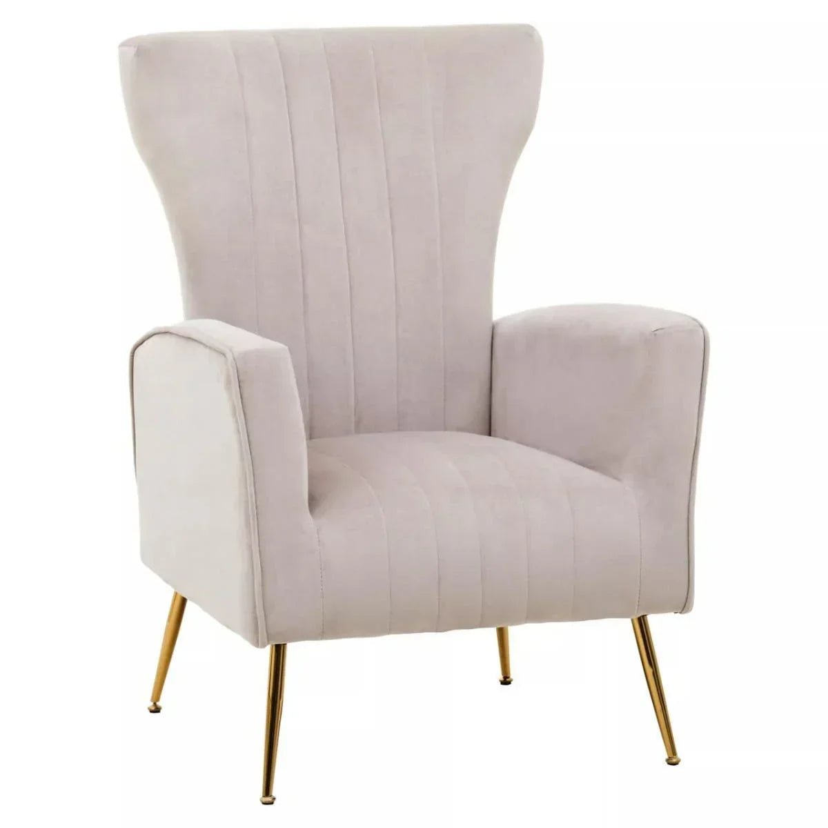 Beige accent chair with high back and gold metal legs, upholstered in soft fabric