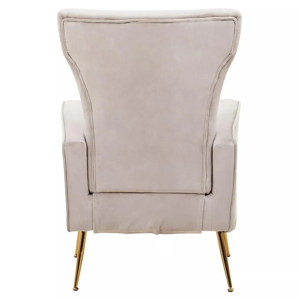 Back view of beige accent chair with gold metal legs and soft upholstery