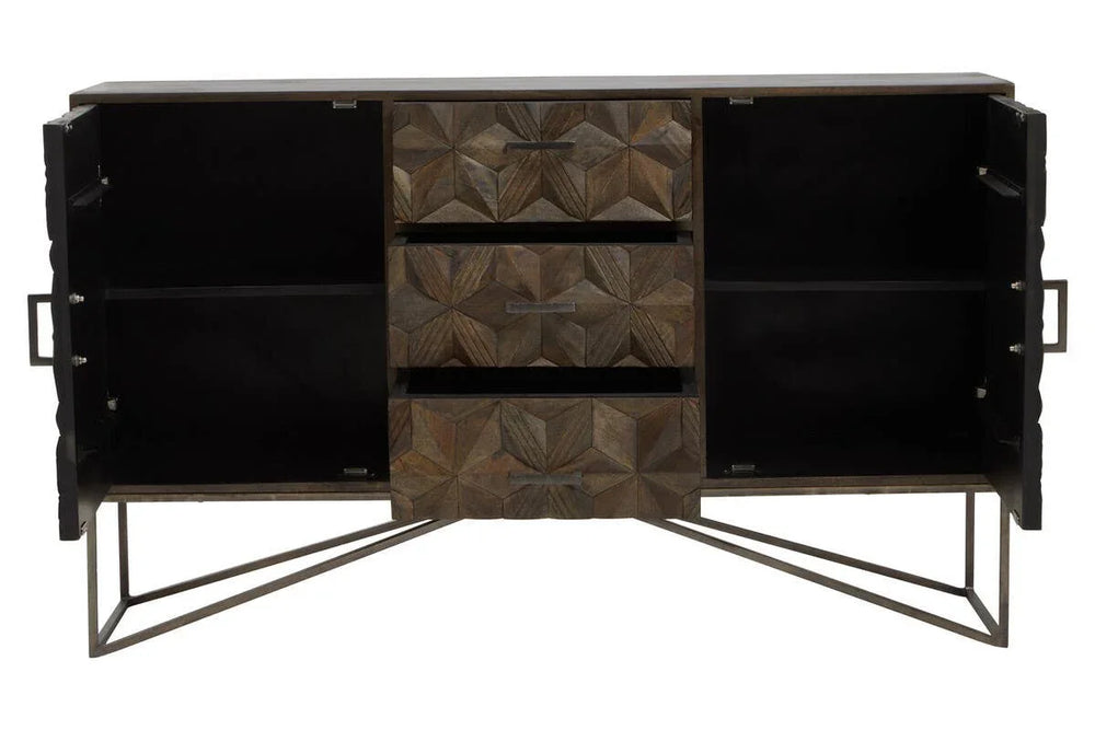 Solana Brown Geometric Pattern Mango Wood Sideboard with Metal Base