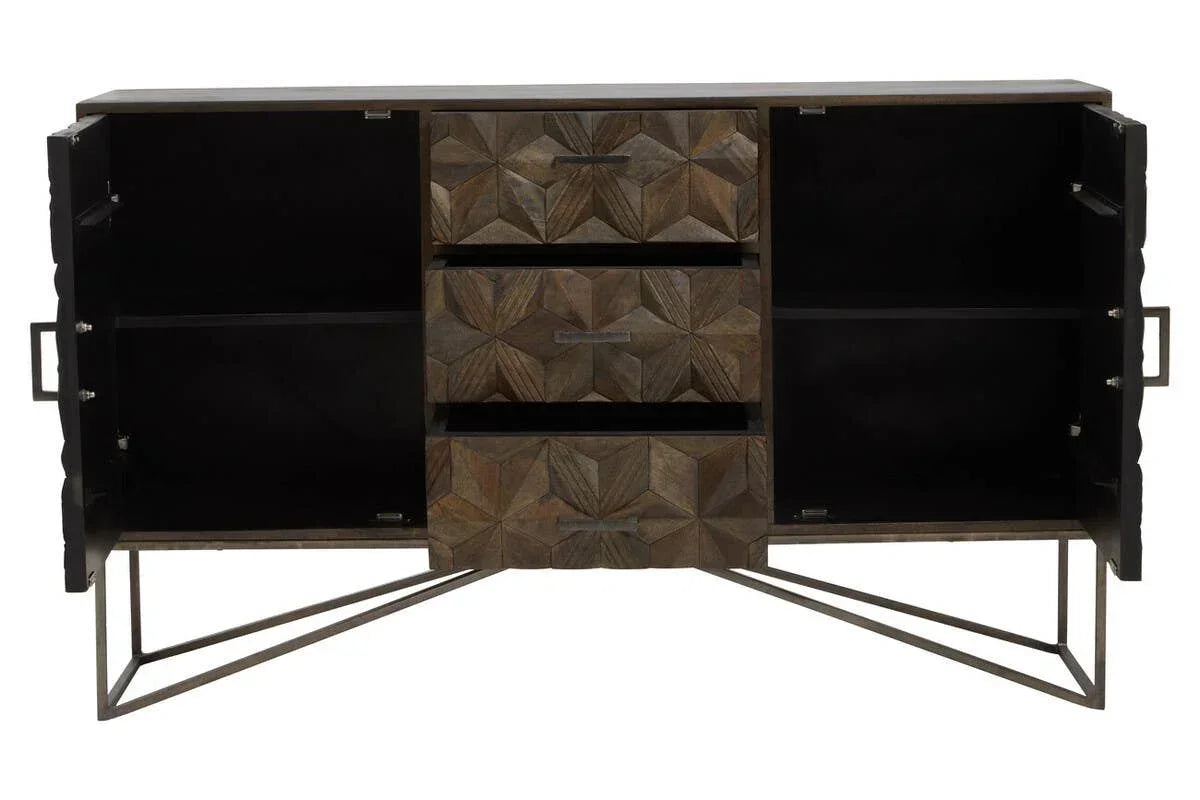 Geometric wood sideboard with open shelves and three drawers, metal legs