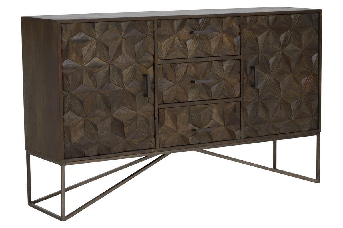 Dark wood sideboard with geometric carved doors and drawers on metal legs