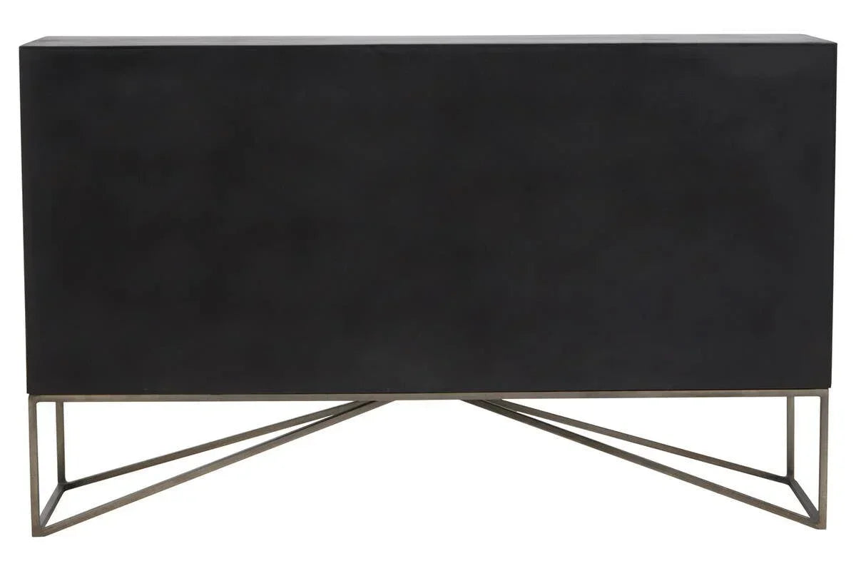 Black console table with metal geometric base, modern rectangular design