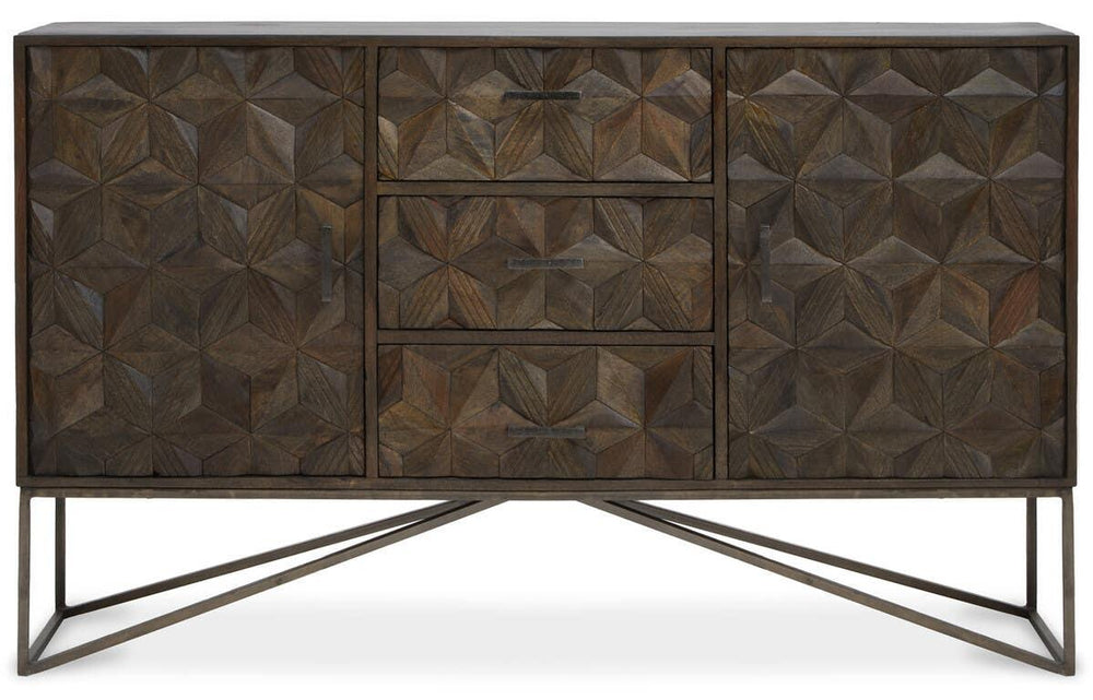 Solana Brown Geometric Pattern Mango Wood Sideboard with Metal Base