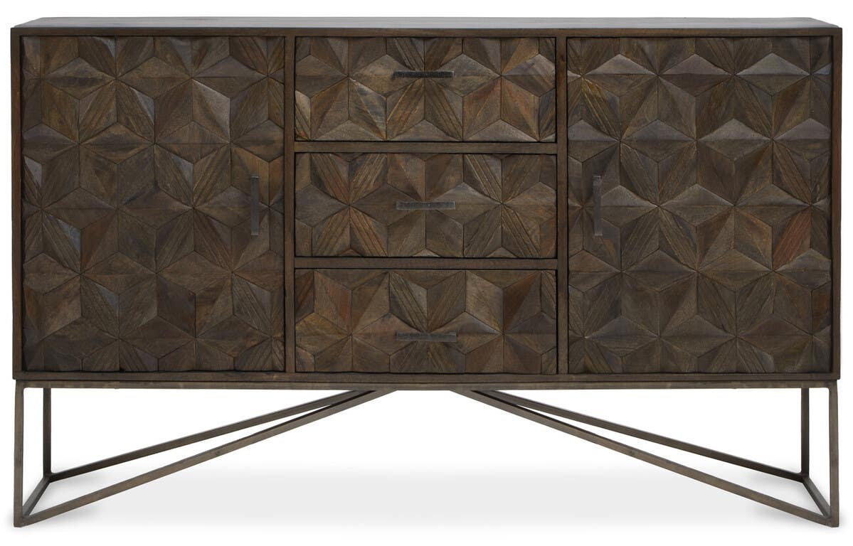 Solana Brown Geometric Pattern Mango Wood Sideboard with Metal Base