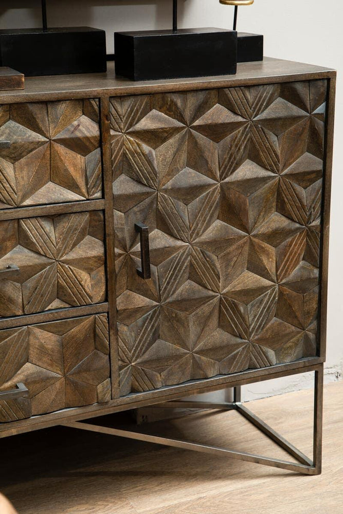 Solana Brown Geometric Pattern Mango Wood Sideboard with Metal Base