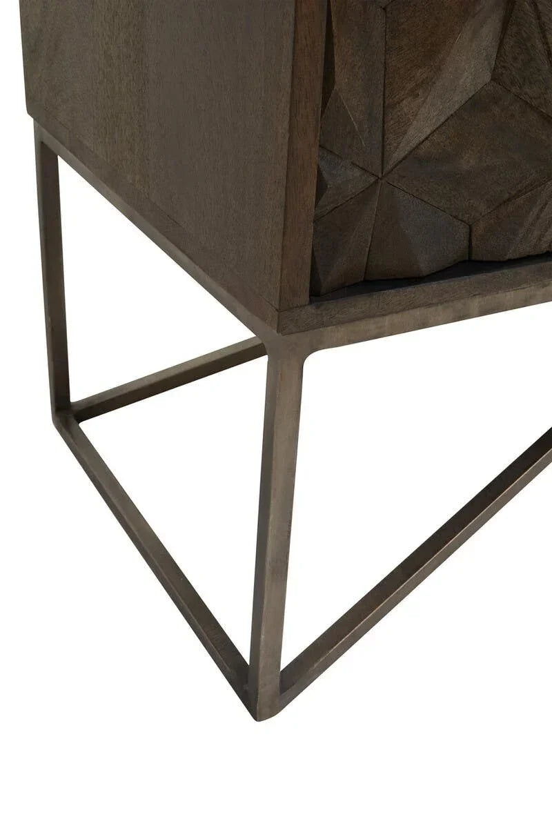 Wood cabinet corner with geometric carved design and metal frame leg
