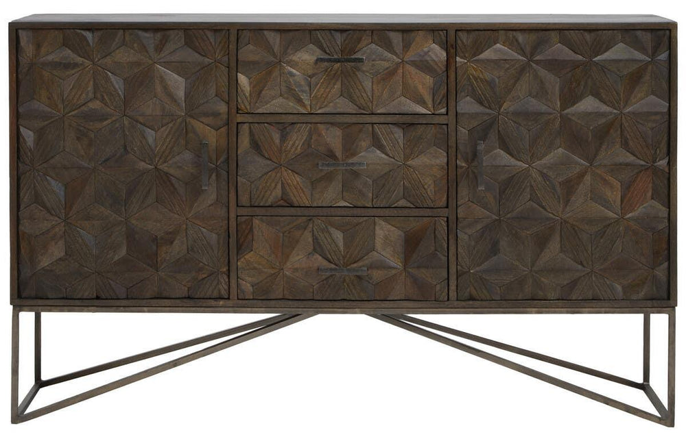 Solana Brown Geometric Pattern Mango Wood Sideboard with Metal Base