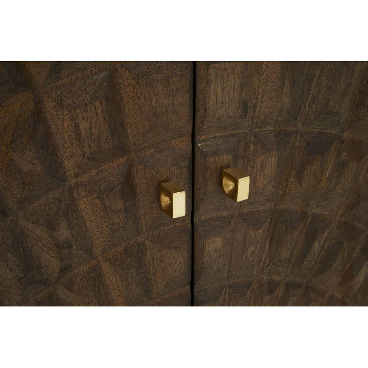 Wood cabinet doors with geometric pattern and gold square handles close up