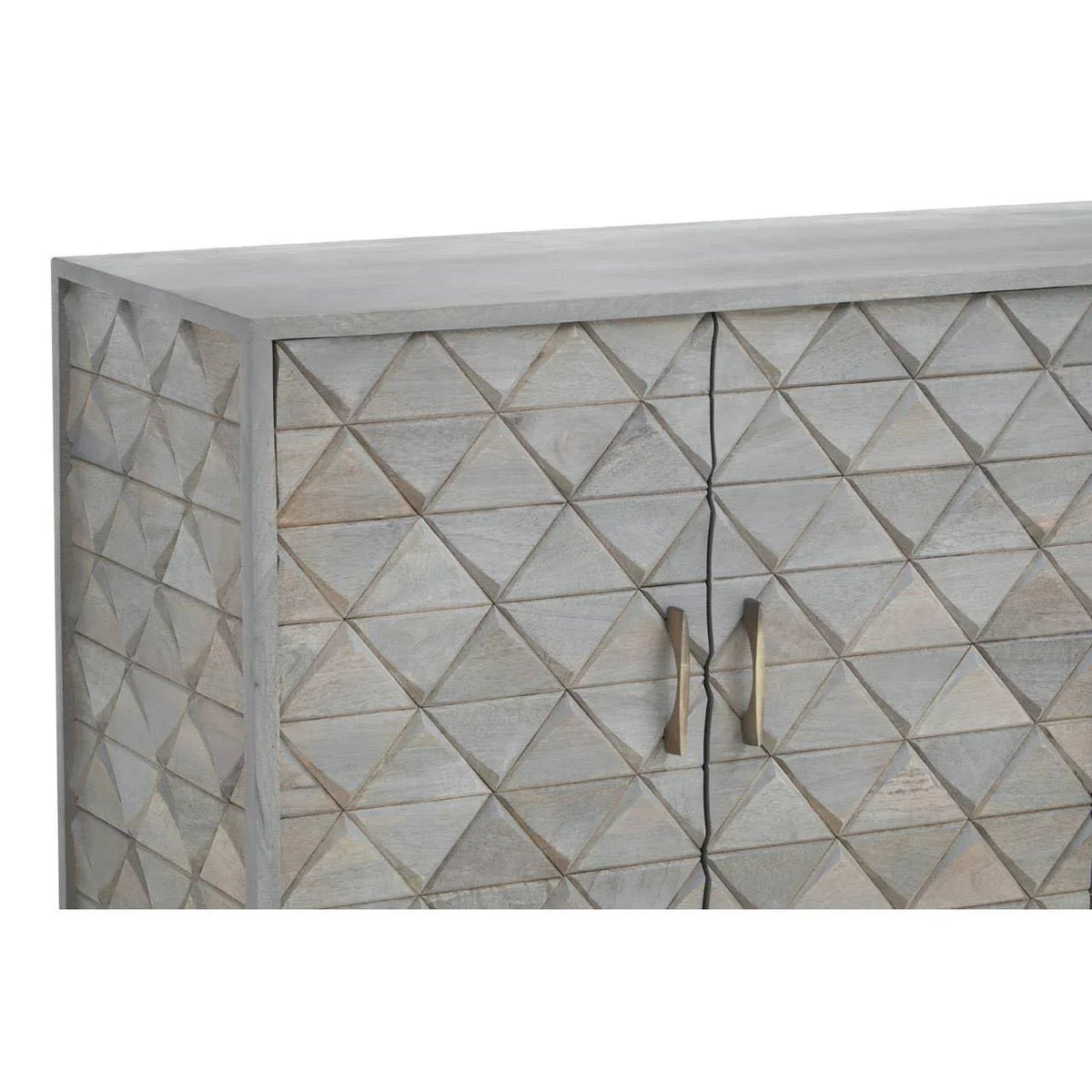 Geometric wood sideboard with textured diamond pattern and brass handles, partial front view
