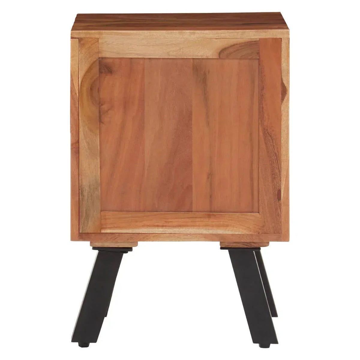 Wooden bedside table with black angled legs, front view