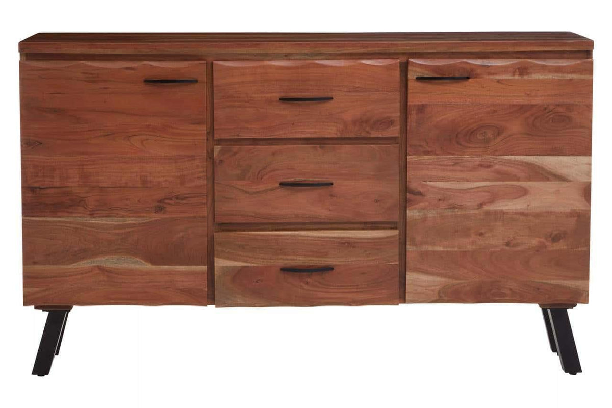 Acacia wood sideboard with black metal legs, four drawers, and two cabinet doors