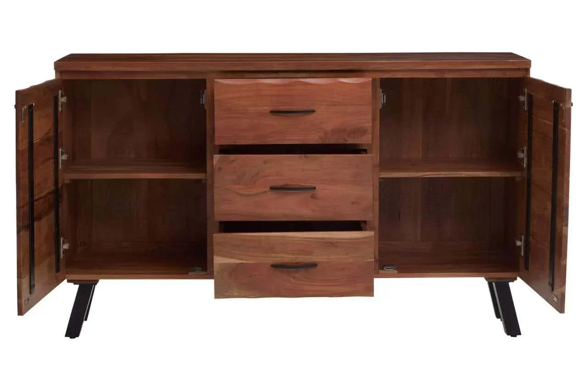 Wooden sideboard with three central drawers and two open cupboard doors on black legs