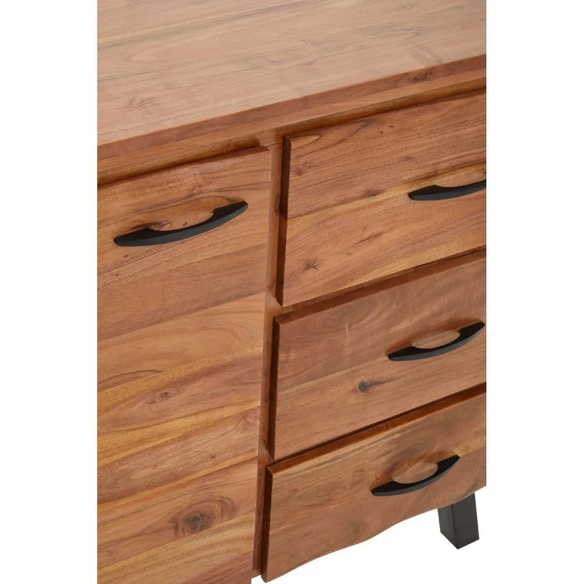 Acacia wood chest of drawers with black handles, close view of top and drawer fronts