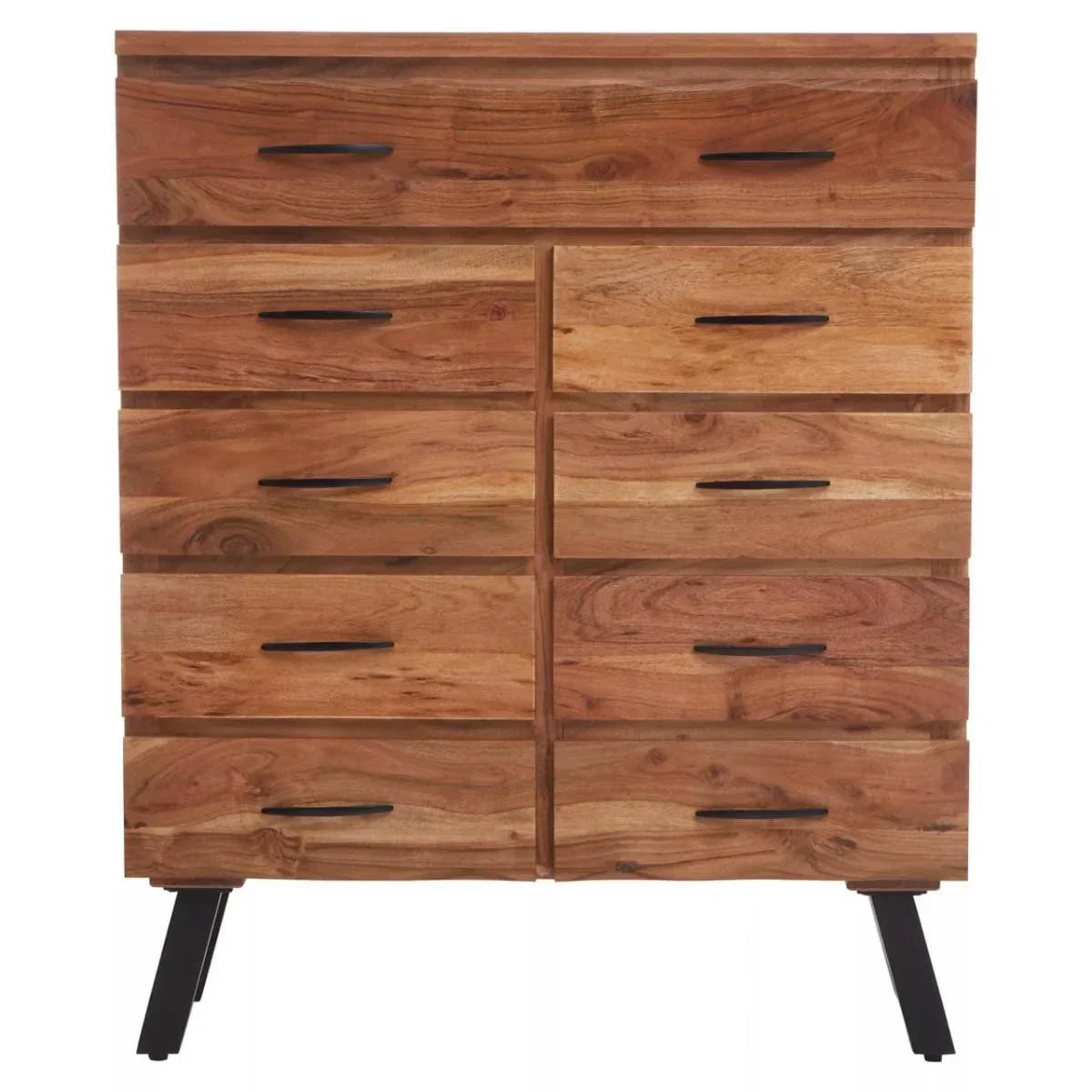 Natural wood chest of drawers with black handles and angled legs