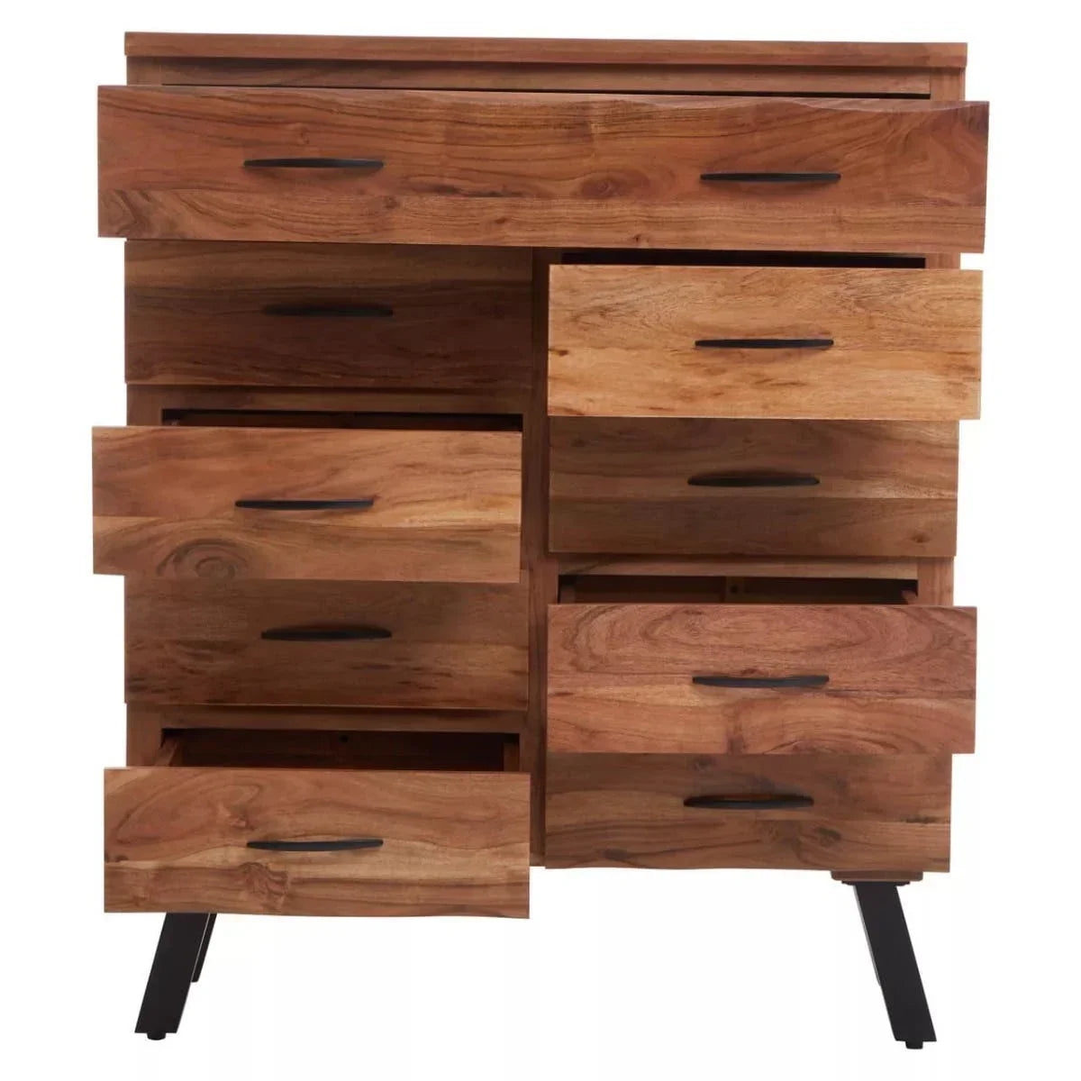 Acacia wood chest of drawers with black handles, natural finish, open storage compartments