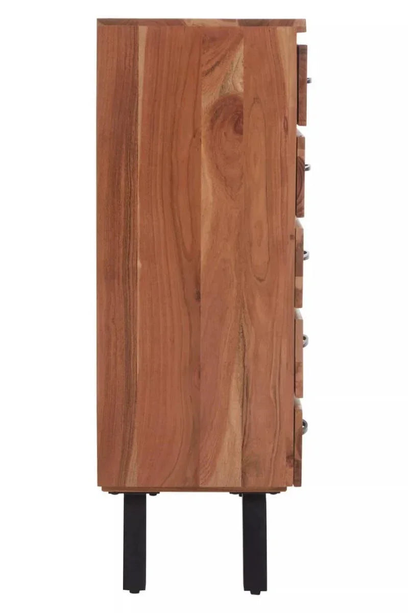 Side view of wooden chest of drawers with black metal legs and natural wood grain finish