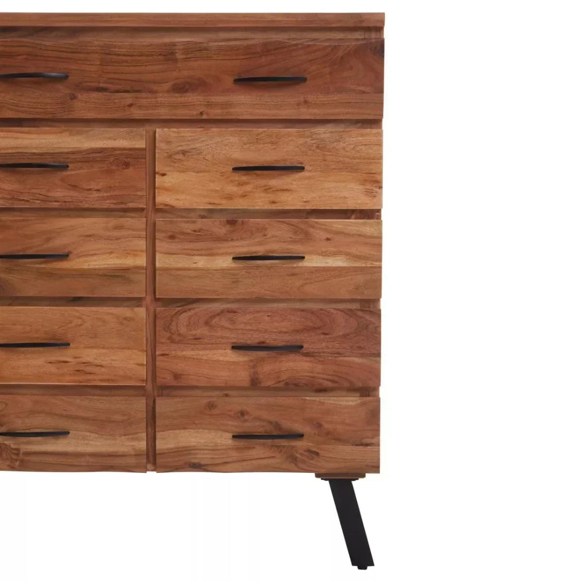 Wooden chest of drawers with black metal handles and angled leg, close side view