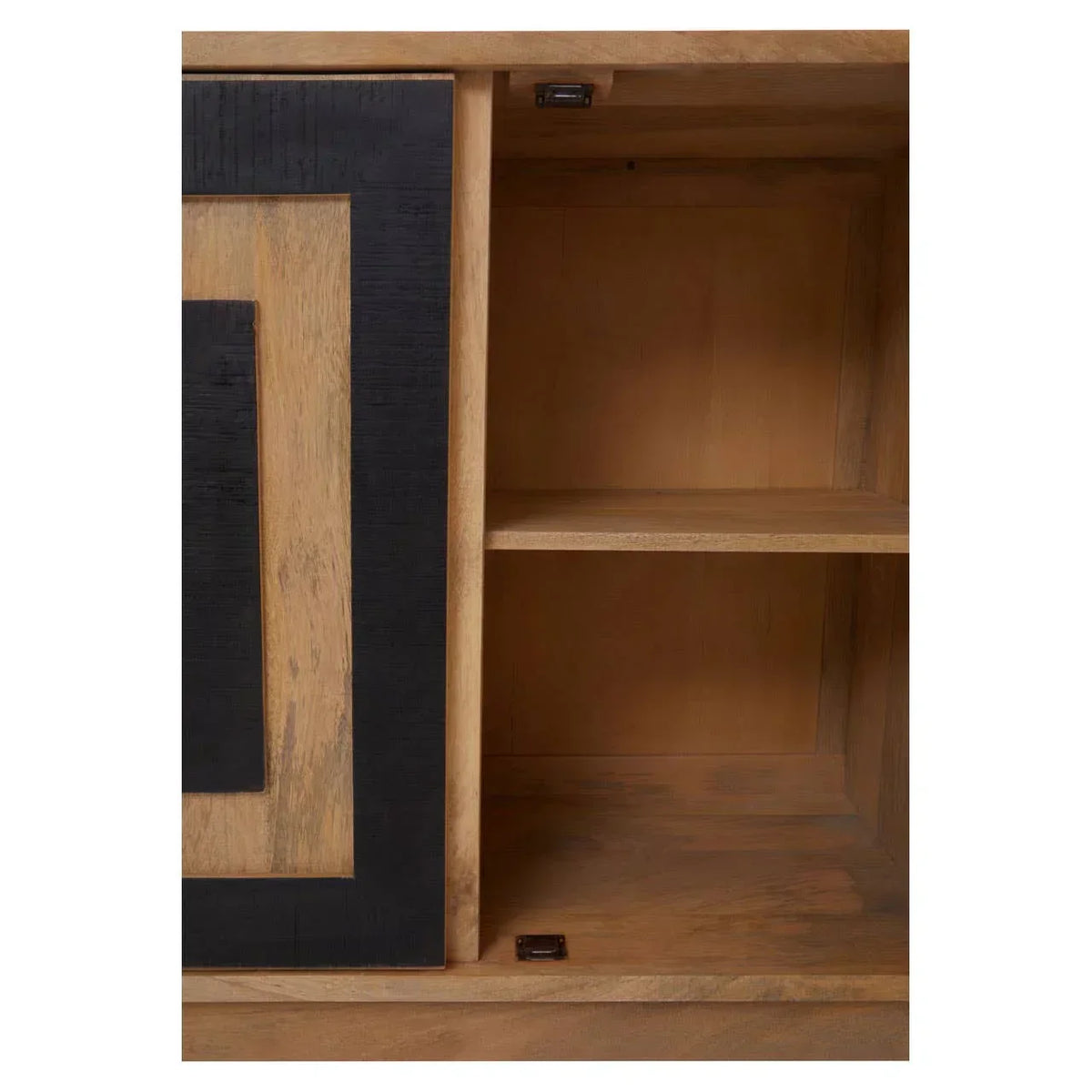 Wooden sideboard cabinet with open shelf and black geometric door detail