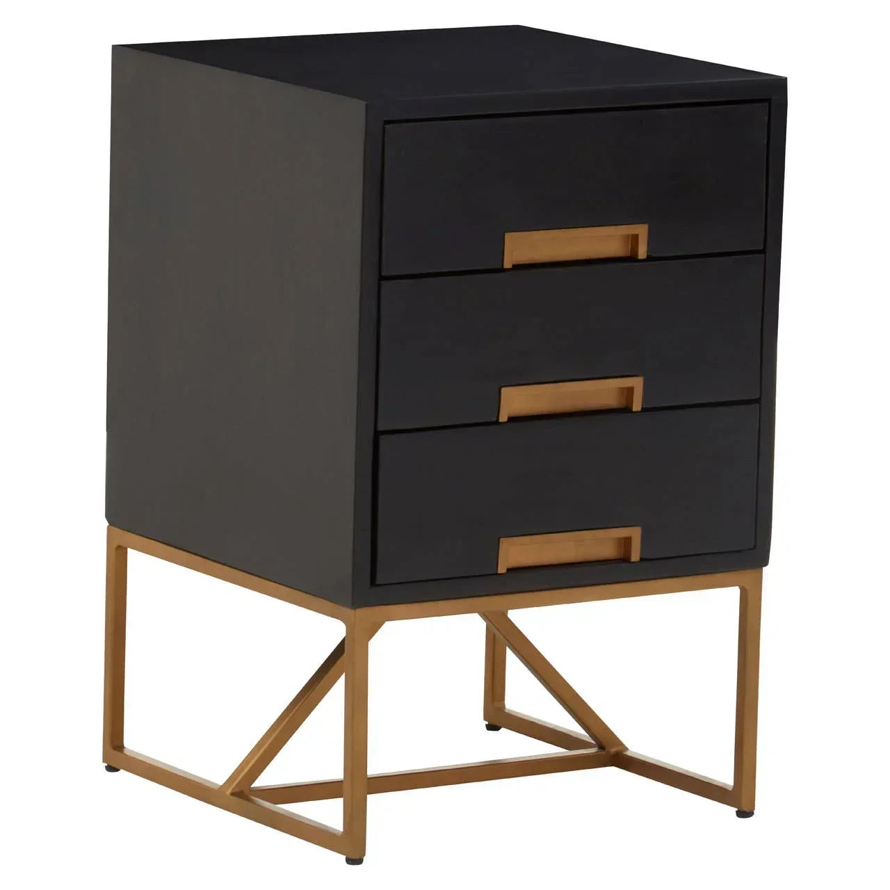 Black three drawer bedside table with gold metal base and handles