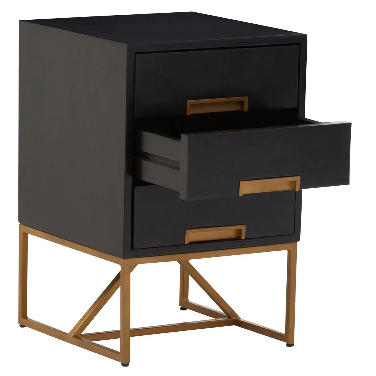 Black bedside table with gold metal frame and open drawer, modern design furniture