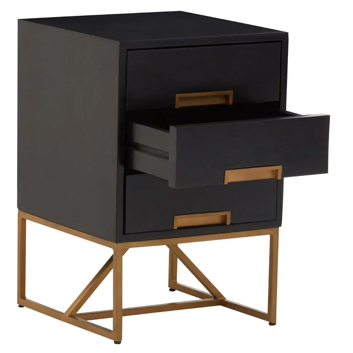 Black bedside table with gold metal frame and open drawer, modern design furniture
