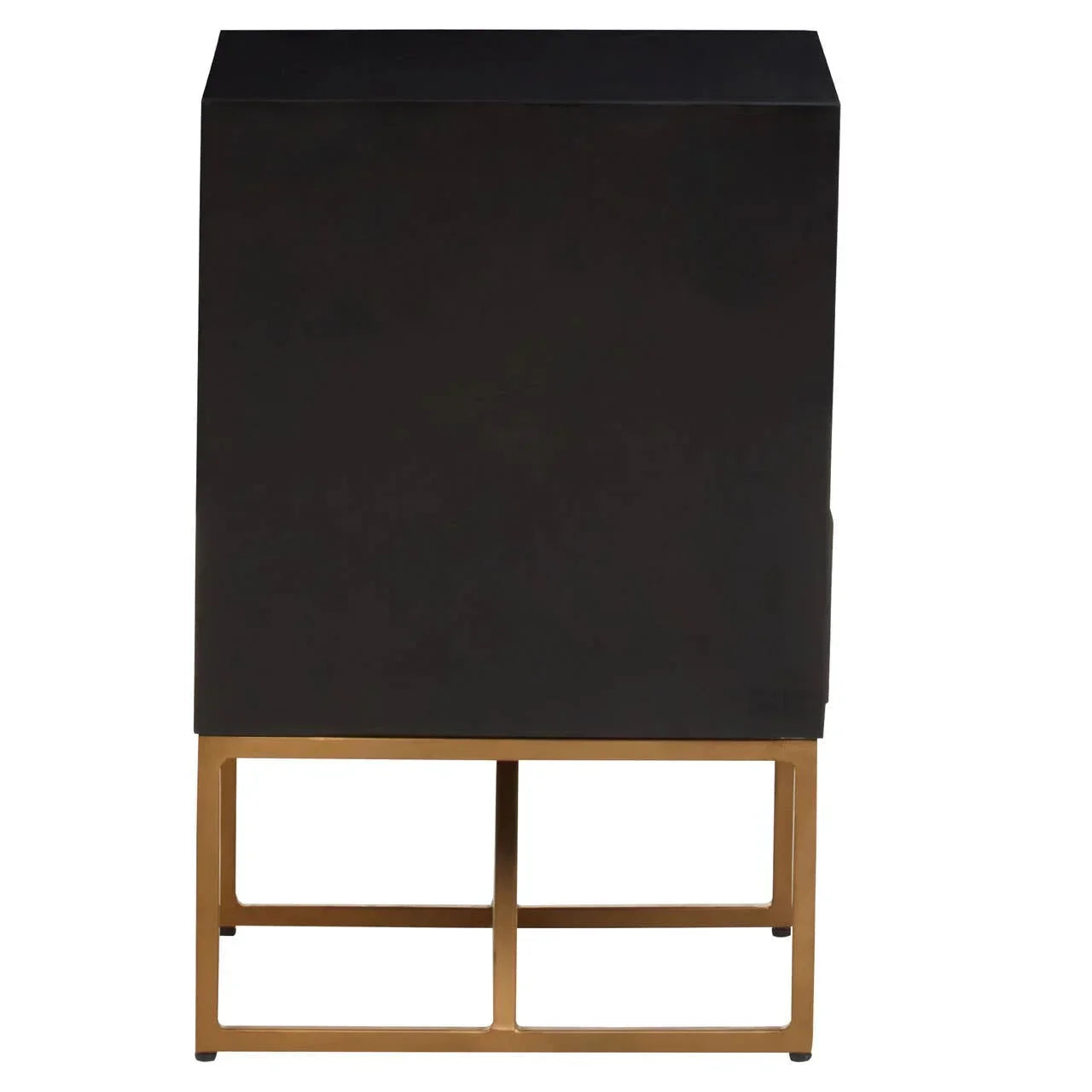 Black cabinet with gold metal base shown from side