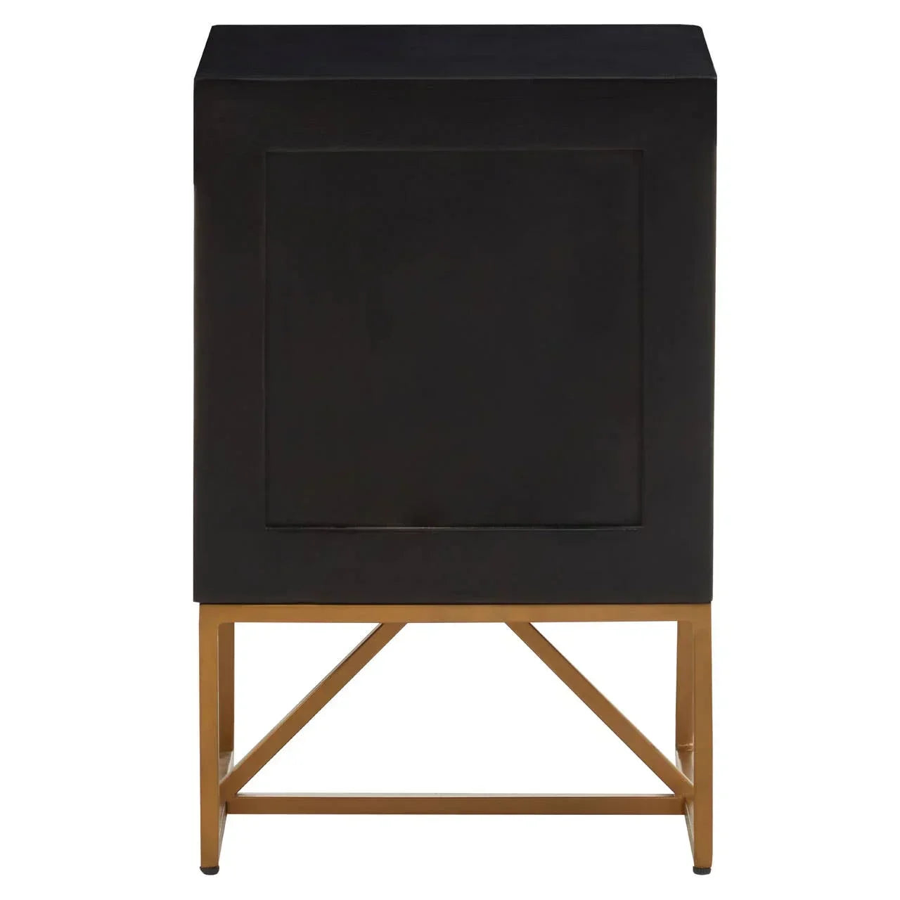 Black side table with gold metal legs and square panel design front view