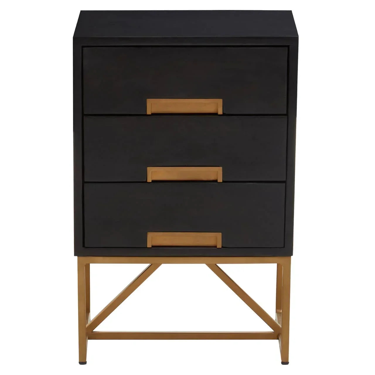 Black three drawer chest with gold handles and gold metal legs, front view