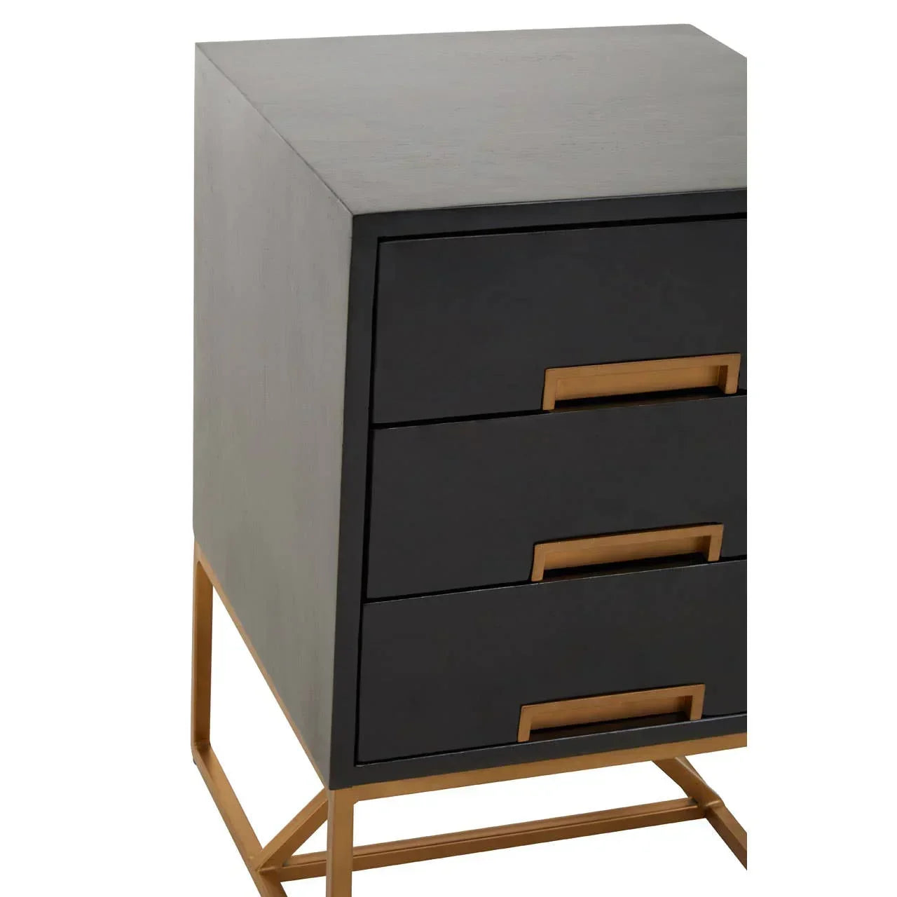 Black three-drawer bedside table with gold handles and metal leg frame