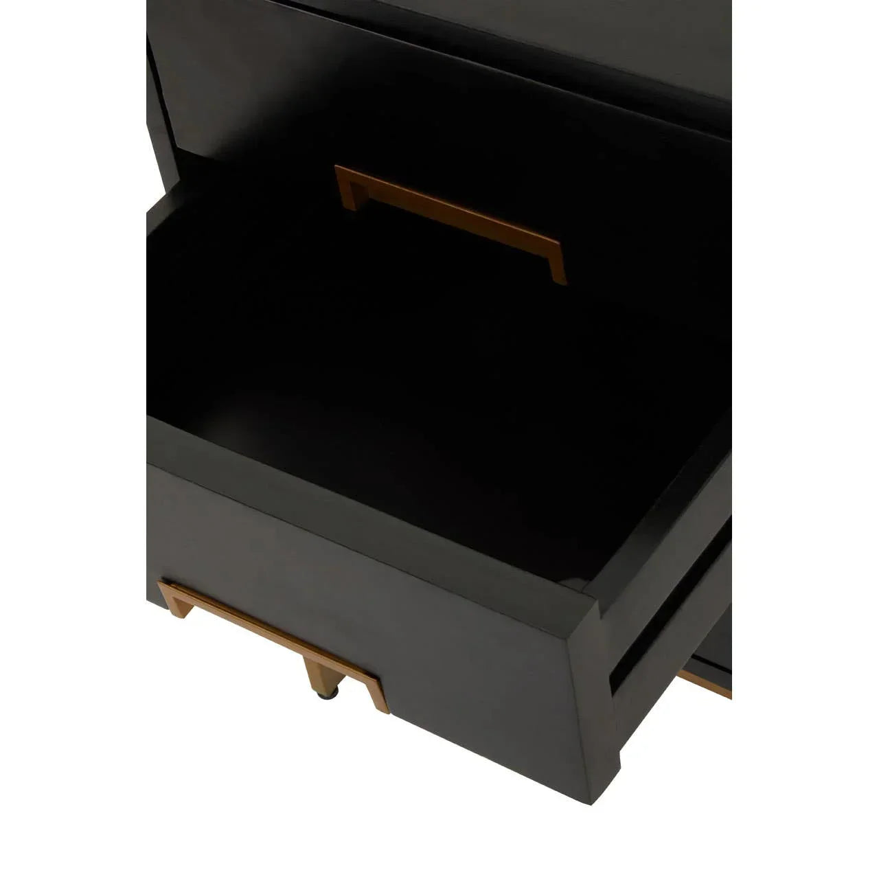 Black wooden drawer unit with gold handles, open to show storage space