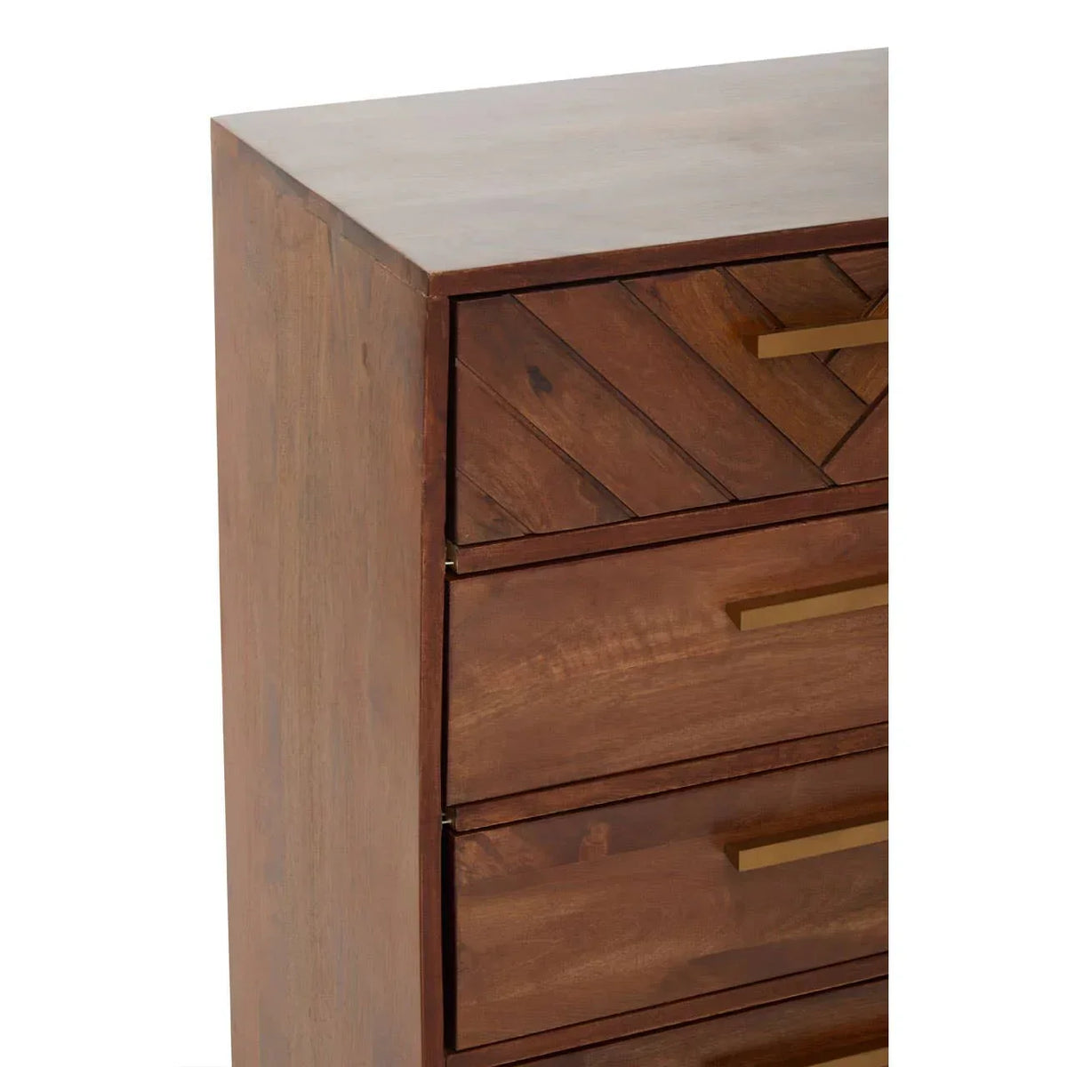 Walnut chest of drawers with brass handles and chevron wood pattern on top drawer