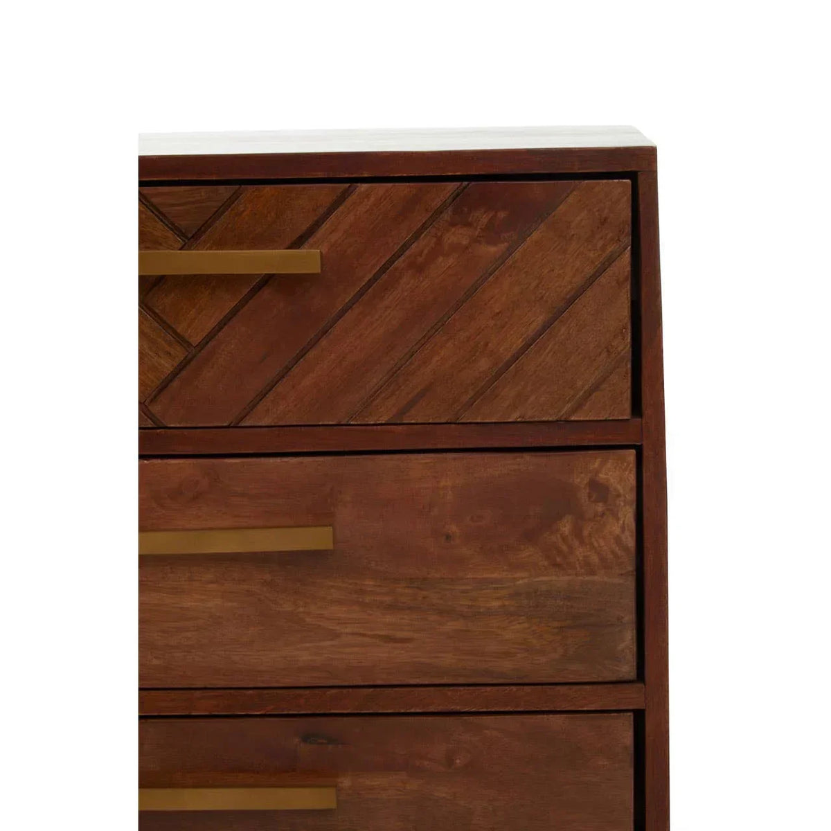 Wooden chest of drawers with gold handles and diagonal panel detail