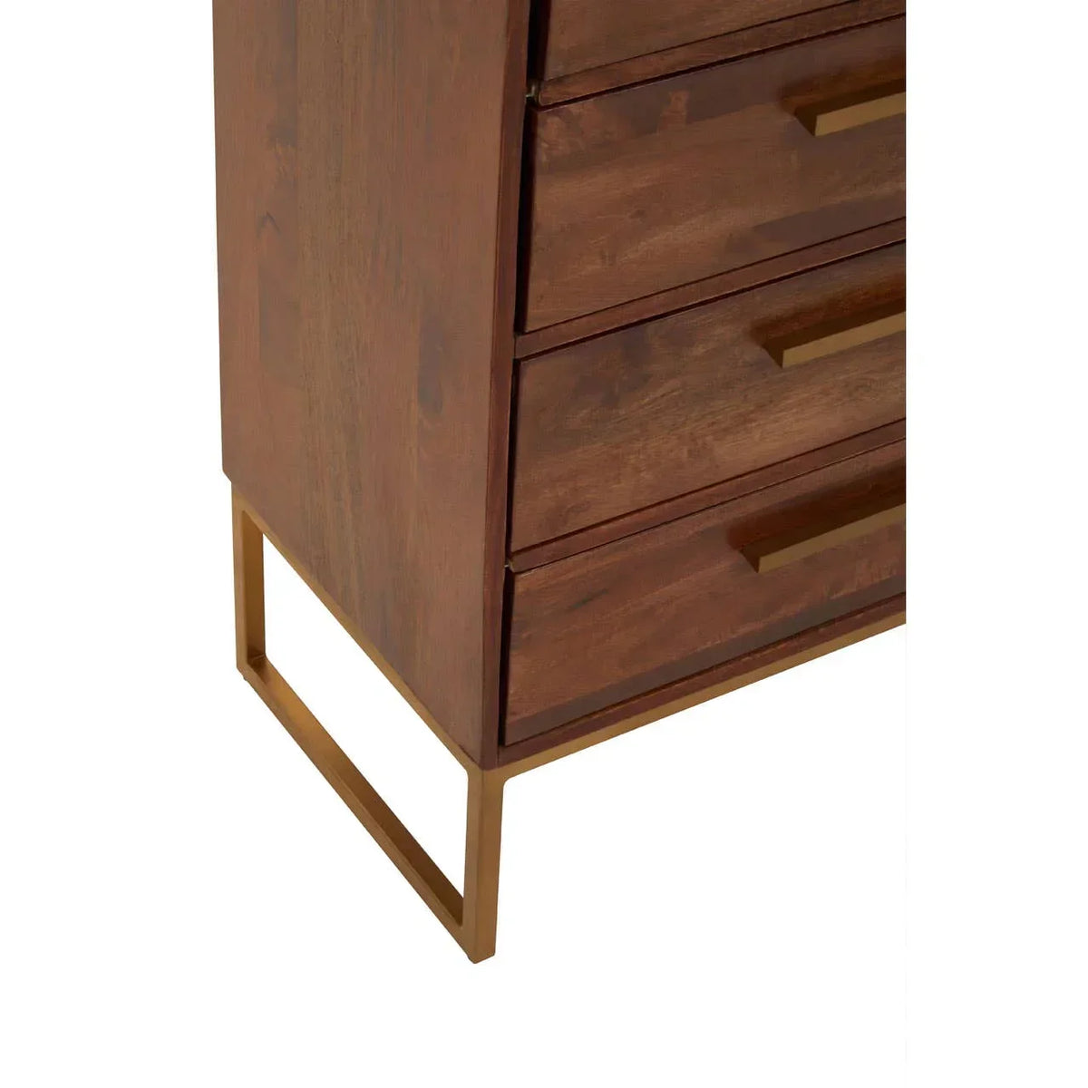 Walnut chest of drawers with gold metal legs and sleek handles, close-up of lower section